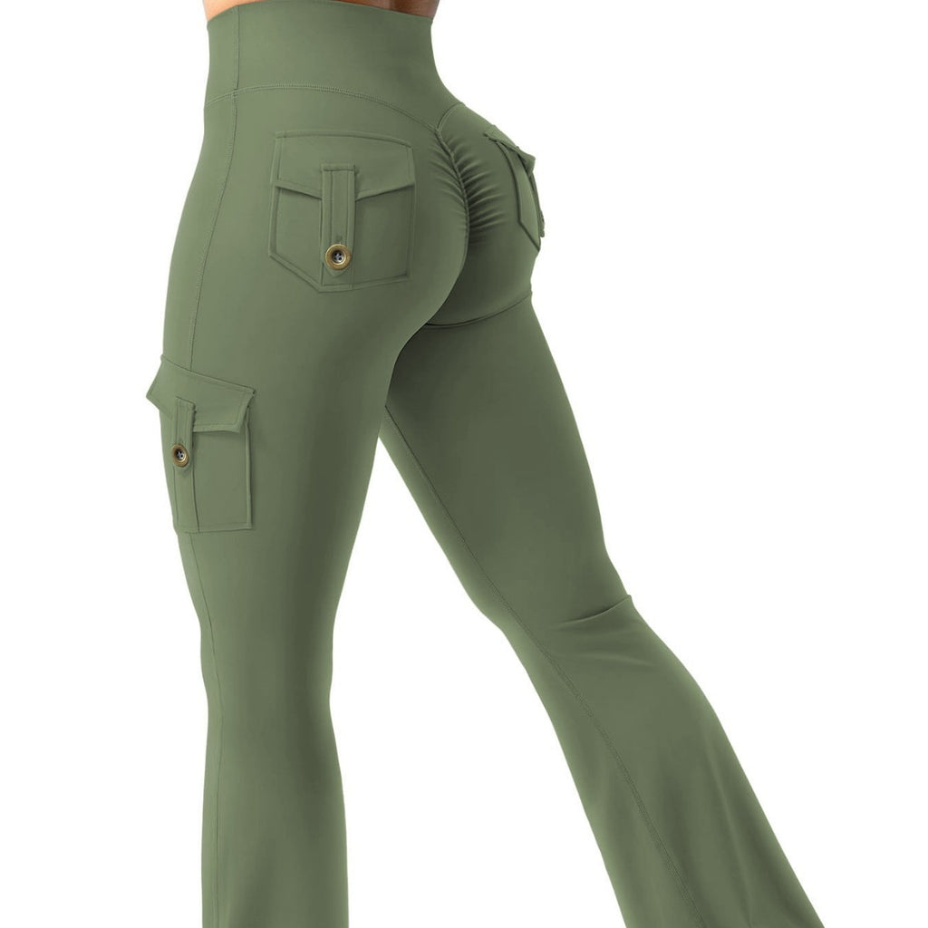 Women Cargo Pocket Flared Yoga Pants Tummy Control Fitness Leggings