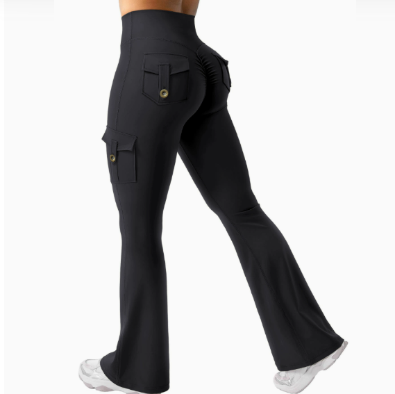 Women Cargo Pocket Flared Yoga Pants Tummy Control Fitness Leggings