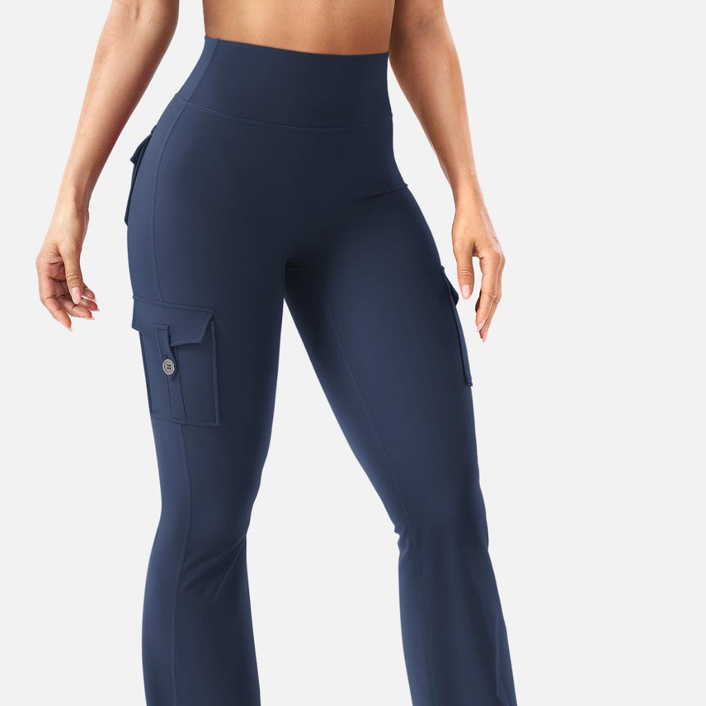 Women Cargo Pocket Flared Yoga Pants Tummy Control Fitness Leggings